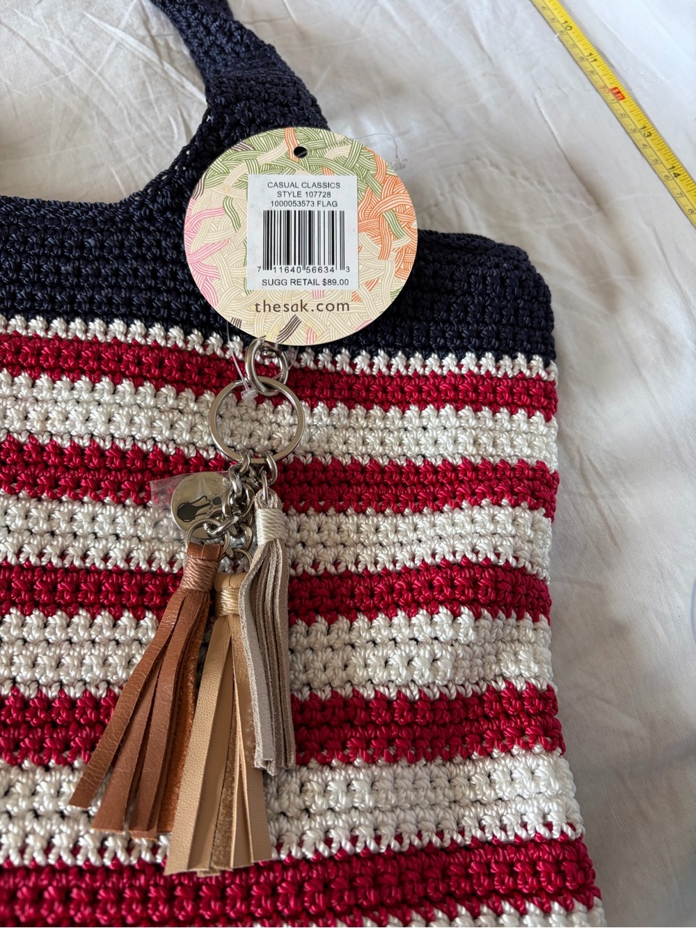 The Sak Crochet American Flag Tote in Navy, Red & White with Tassel Charm - Picture 9 of 9